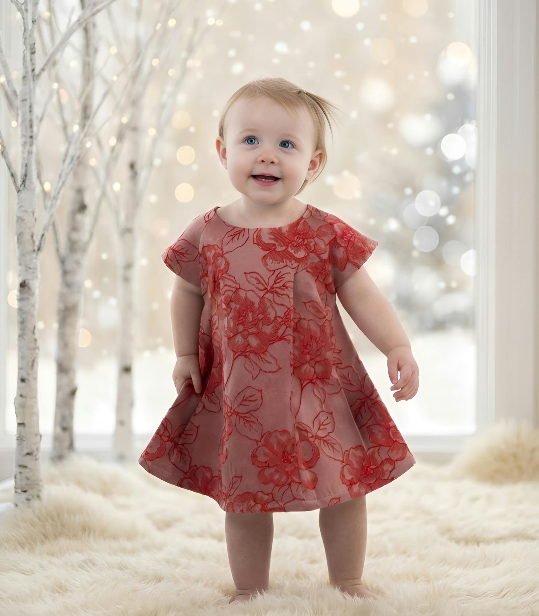 Rose Baby Dress, Red Flower Jacquard