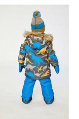 Two Piece Play Snowsuit Grey and Blue Dinosaur Print with Blue Pants
