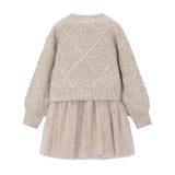 Beige Bow Knit Sweater Tulle Dress