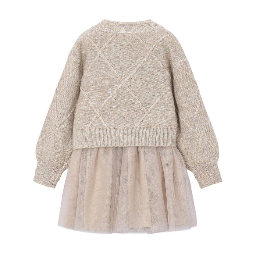 Beige Bow Knit Sweater Tulle Dress