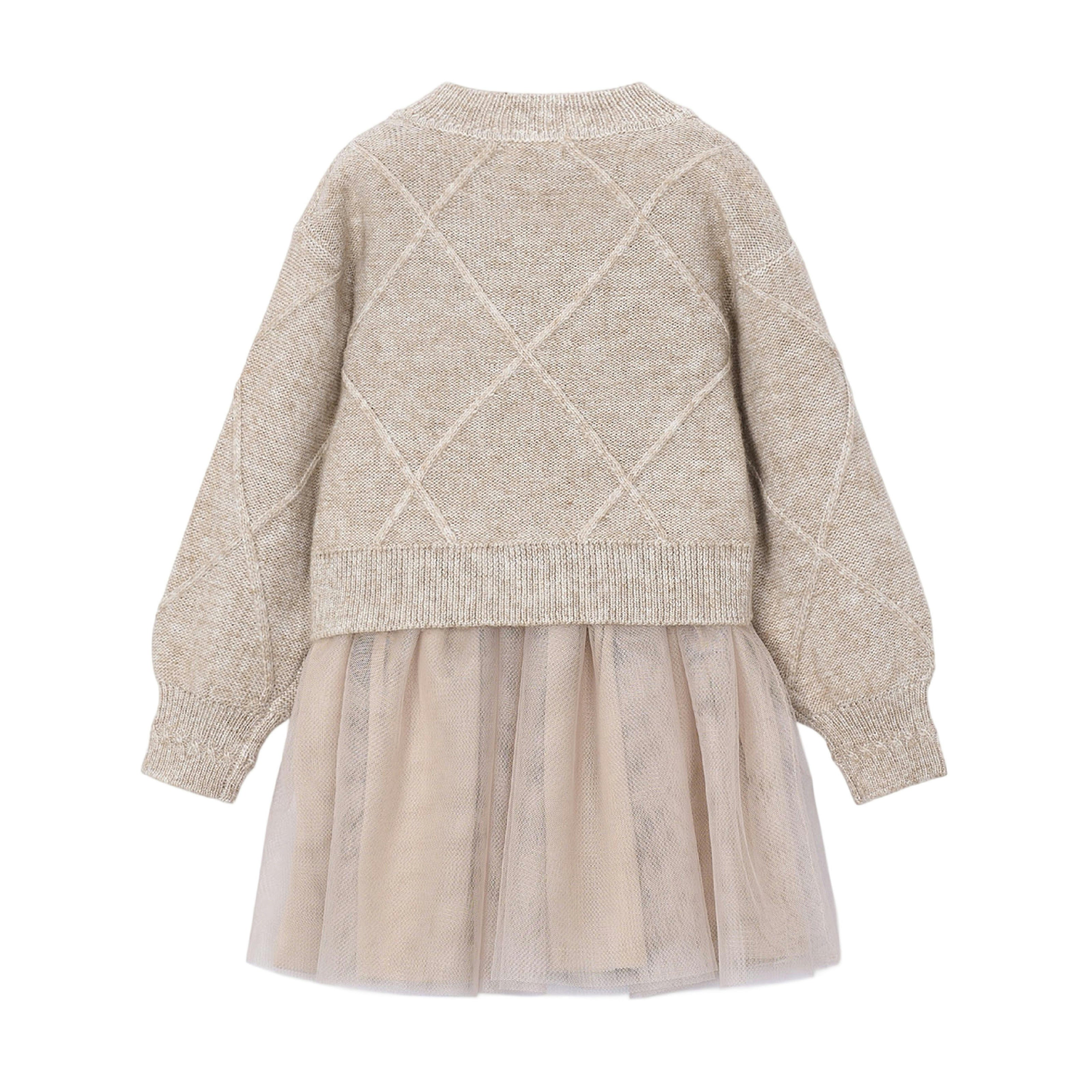 Beige Bow Knit Sweater Tulle Dress