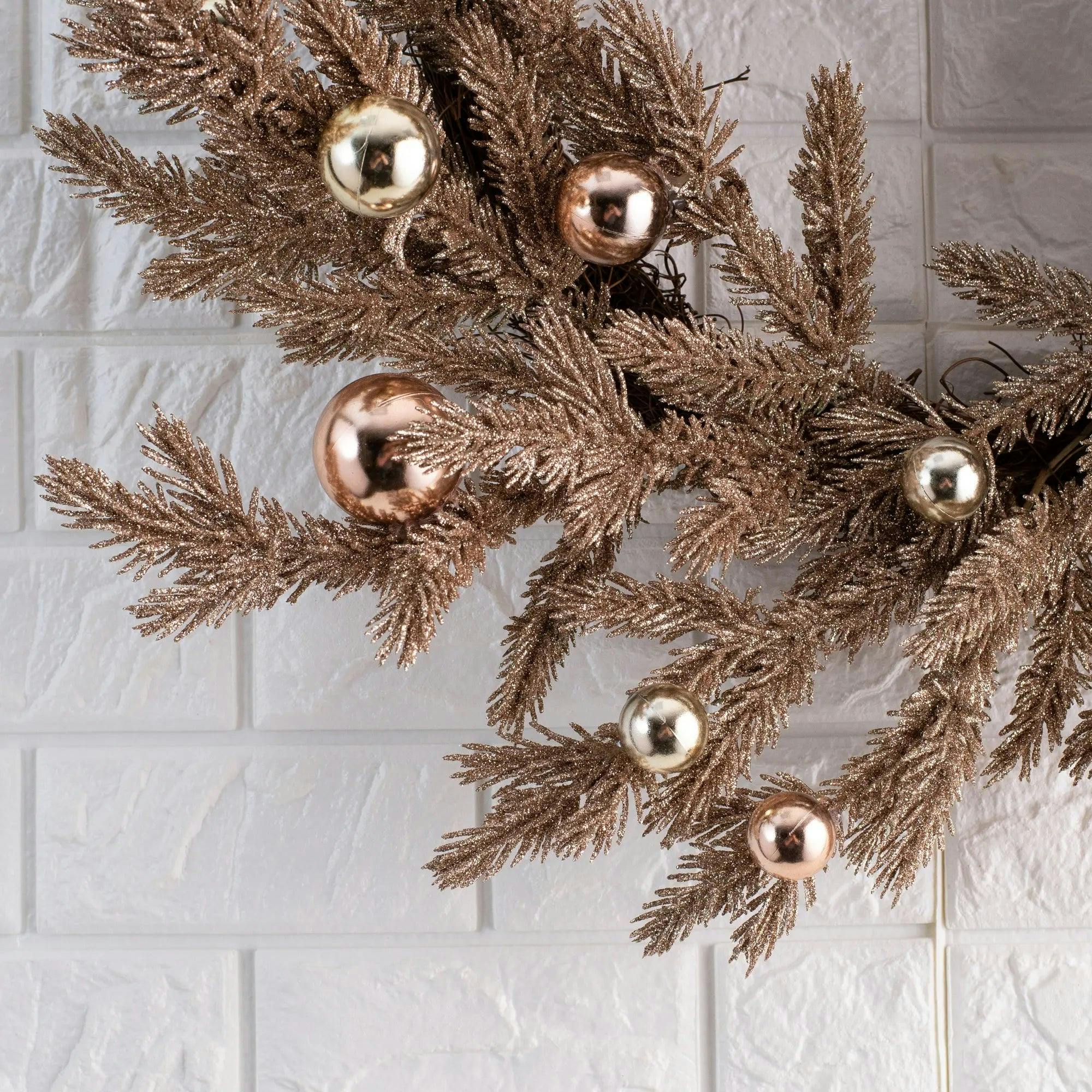 Metallic Glitter Vintage Style Christmas Pine & Gold Ornament Holiday Front Door Wreath