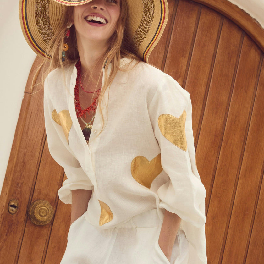 Cupid Linen Shirt - Off-White w/ Gold Hearts