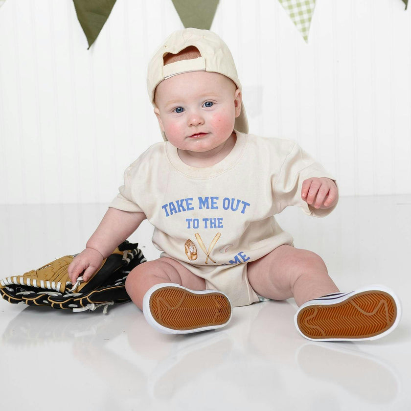 Take Me Out To The Ballgame Short Sleeve Romper - Natural
