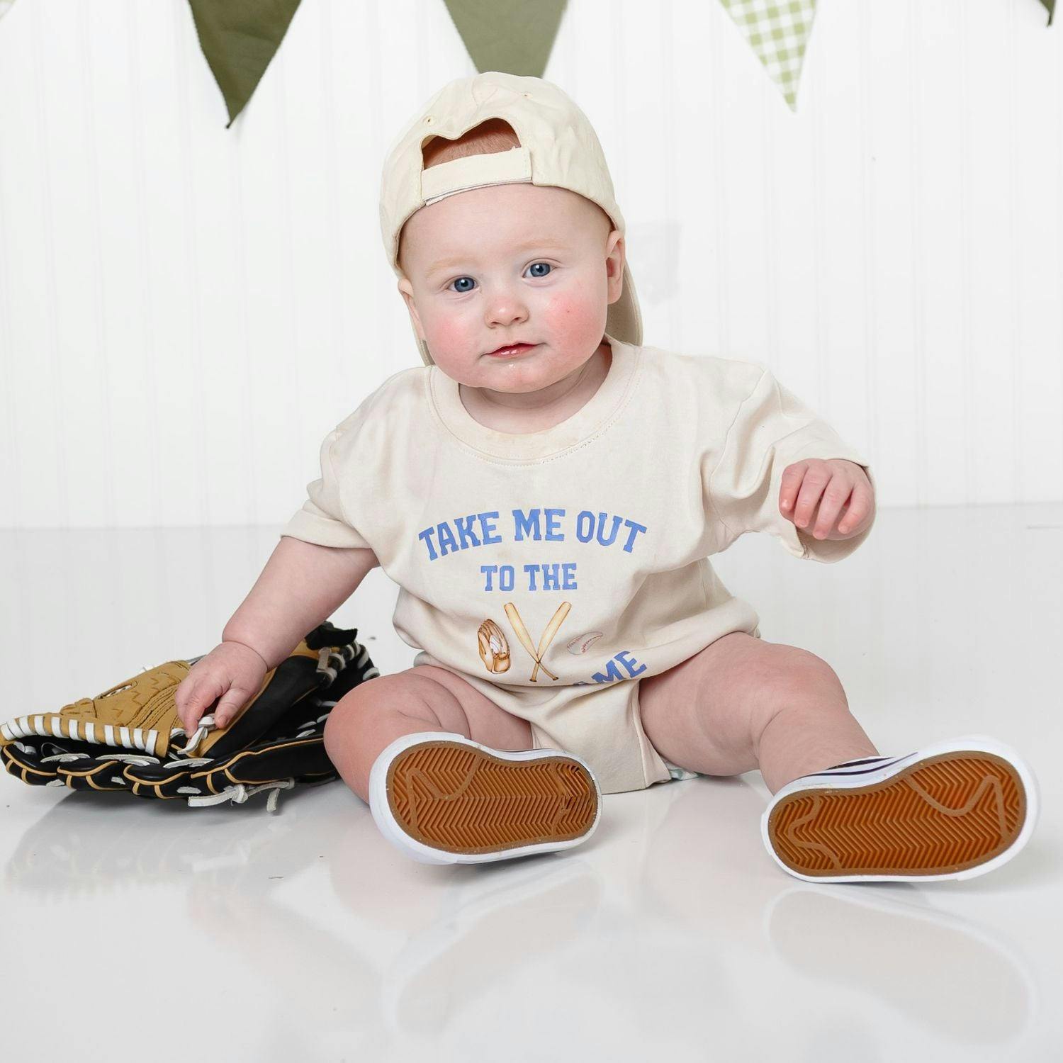 Take Me Out To The Ballgame Short Sleeve Romper - Natural