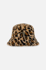 Faux Fur Bucket Hat Brown Leopard Print