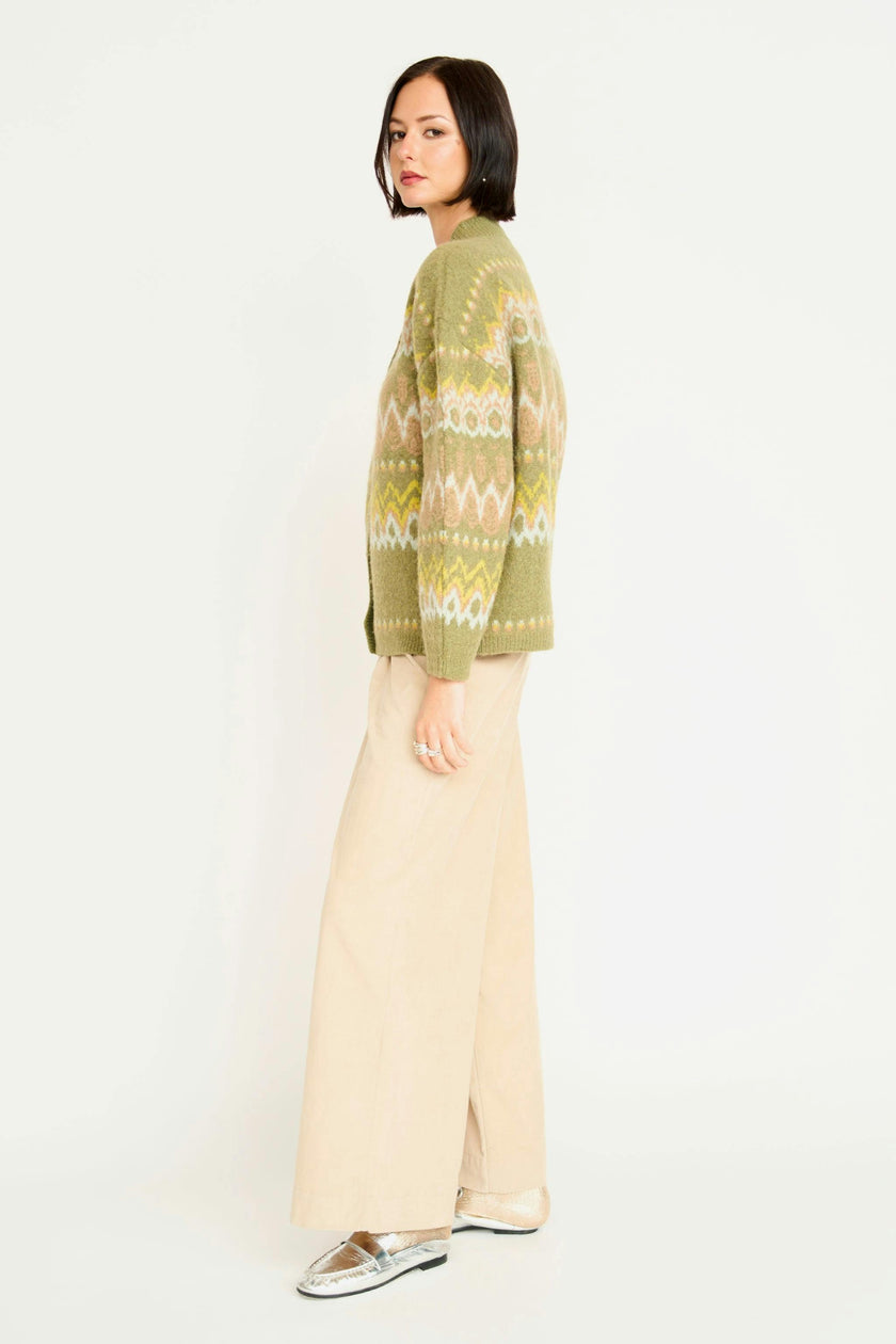 Cusco Fairisle Knit Cardigan in Olive Oil