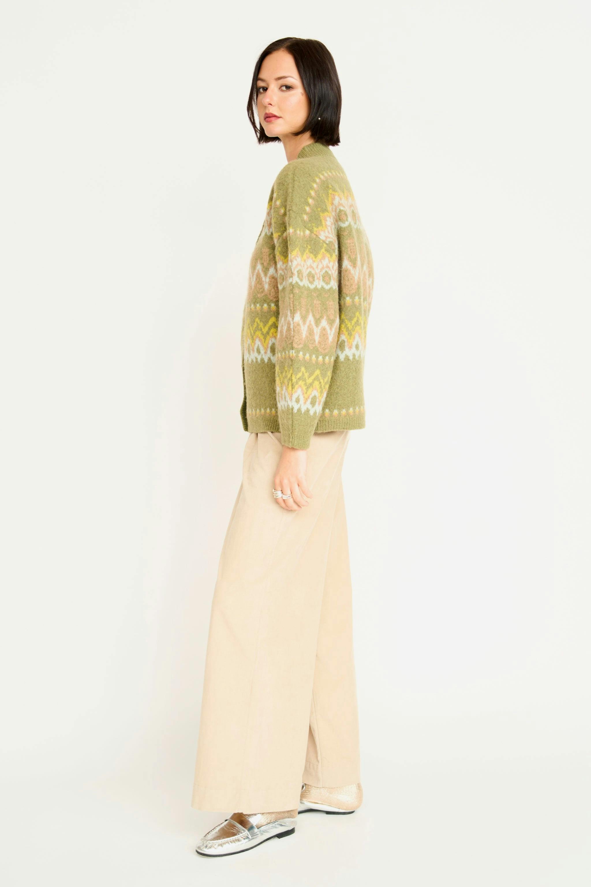 Cusco Fairisle Knit Cardigan in Olive Oil
