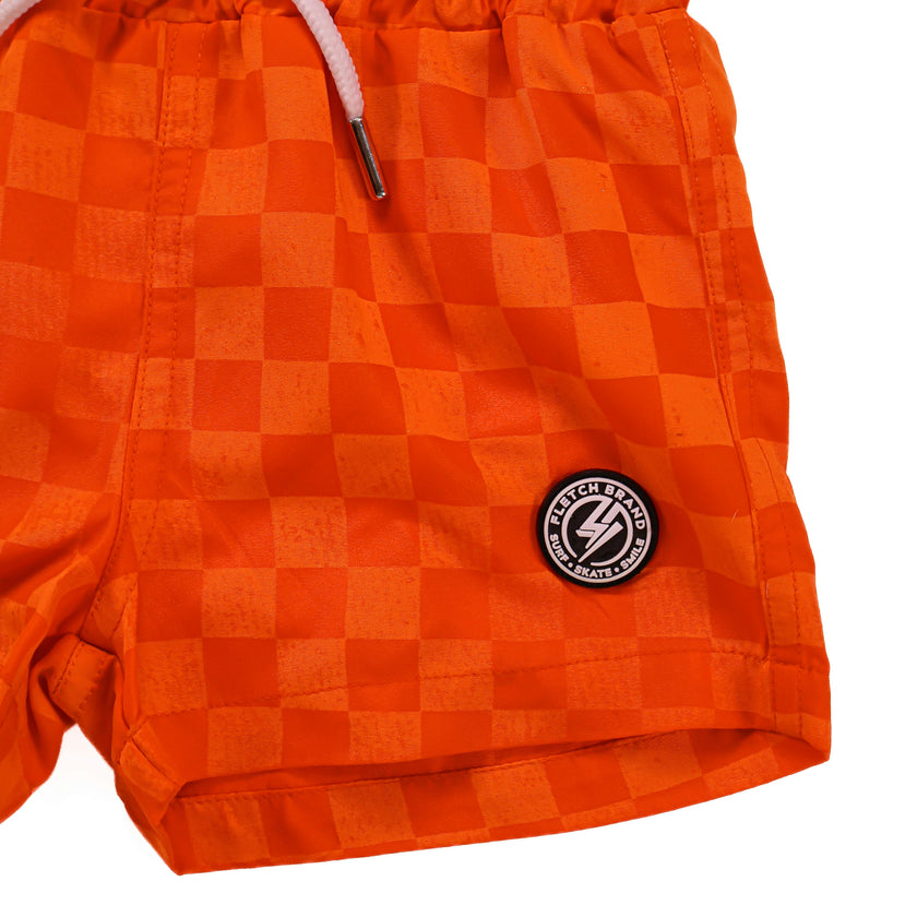 Neon Orange Checker Swim Trunks