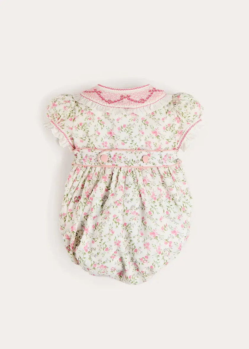 Alice Floral Double Breasted Hand Smocked Romper in Pink (6mths-2yrs)