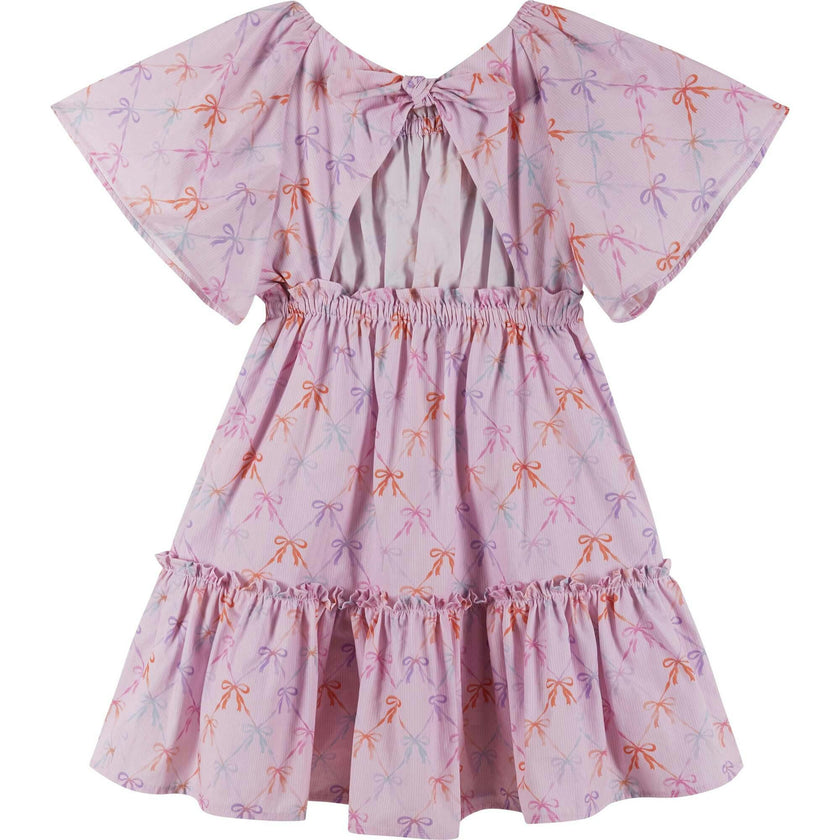 Girls Flutter Sleeve Seersucker Dress | Pink Bow