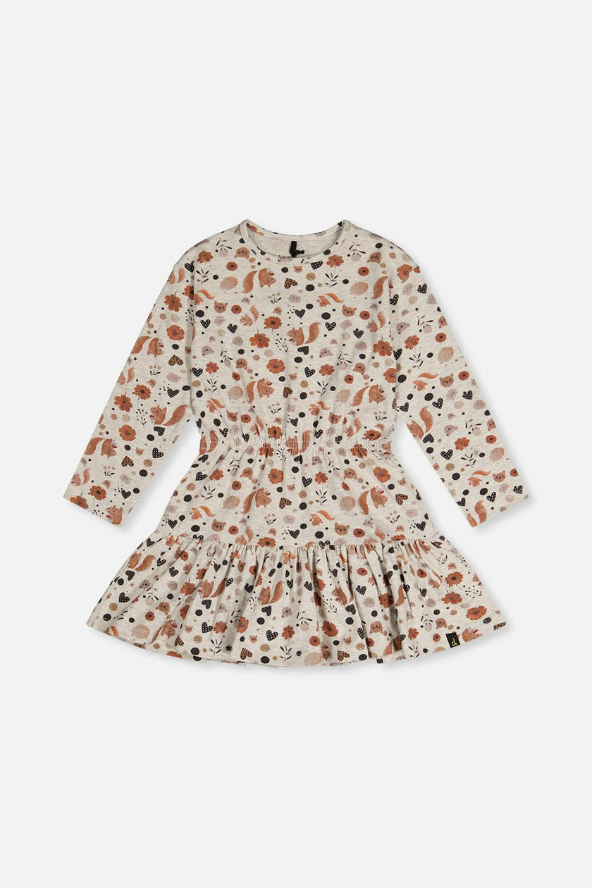 Organic Cotton Dress Beige With Squirrel Print