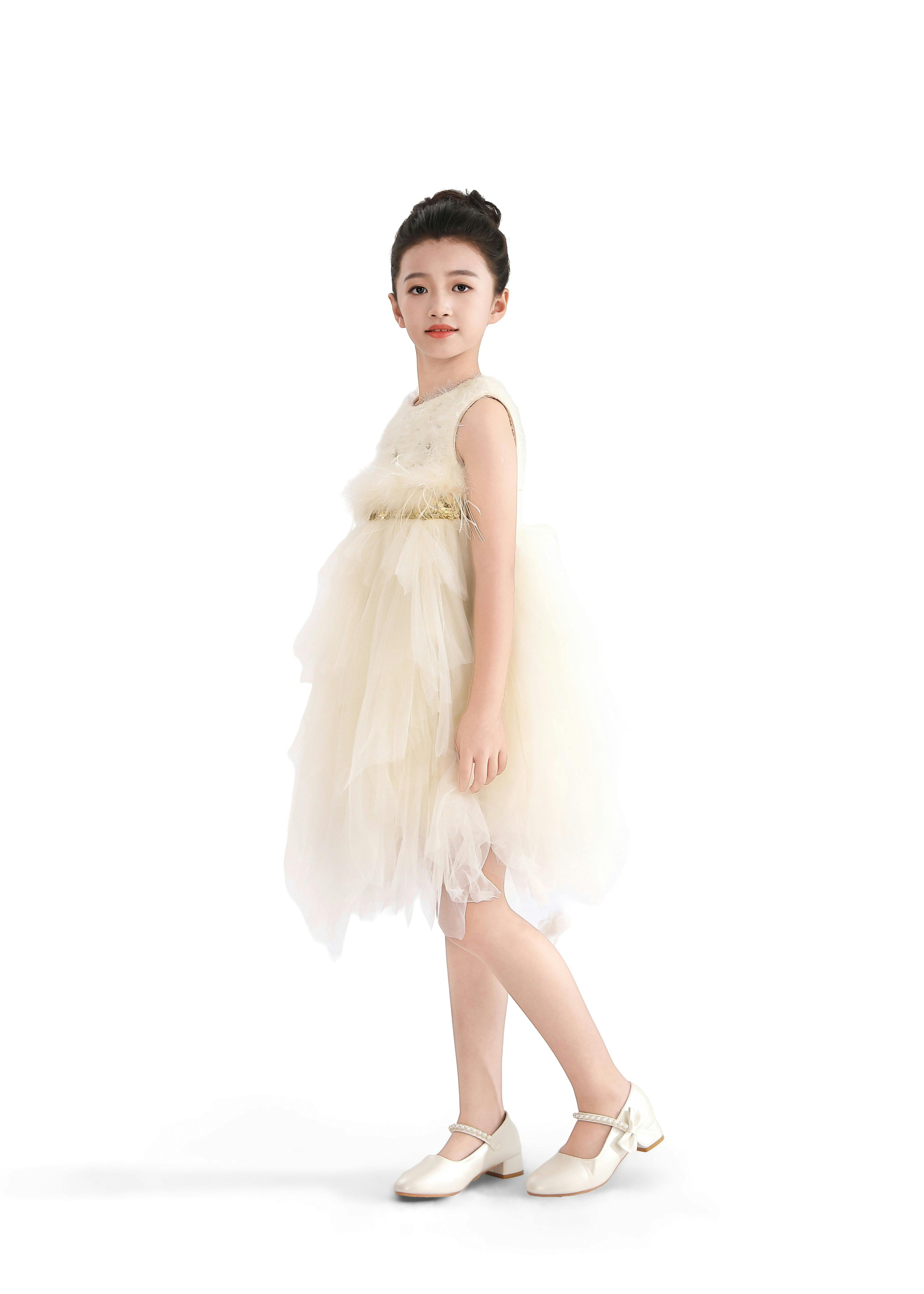 Ivory Feathered Tulle Party Dress