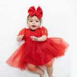Velour Holiday Red - Puff Sleeve Dress with Tulle Overlay and Bloomer (up to 4T)