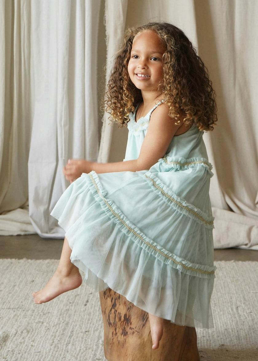 Wisteria | Embellished Tulle Frill Dress | Cyan