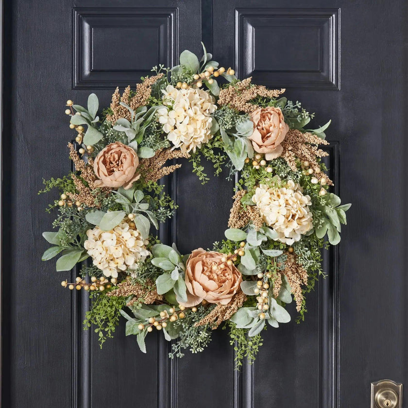 Pistachio Latte Hydrangea and Peony Everyday Front Door Fall Wreath