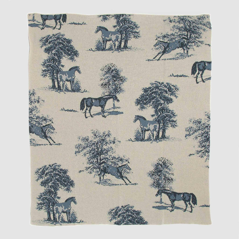 Cotton Sustainable Knit Throw Blanket - Equestrian Toile