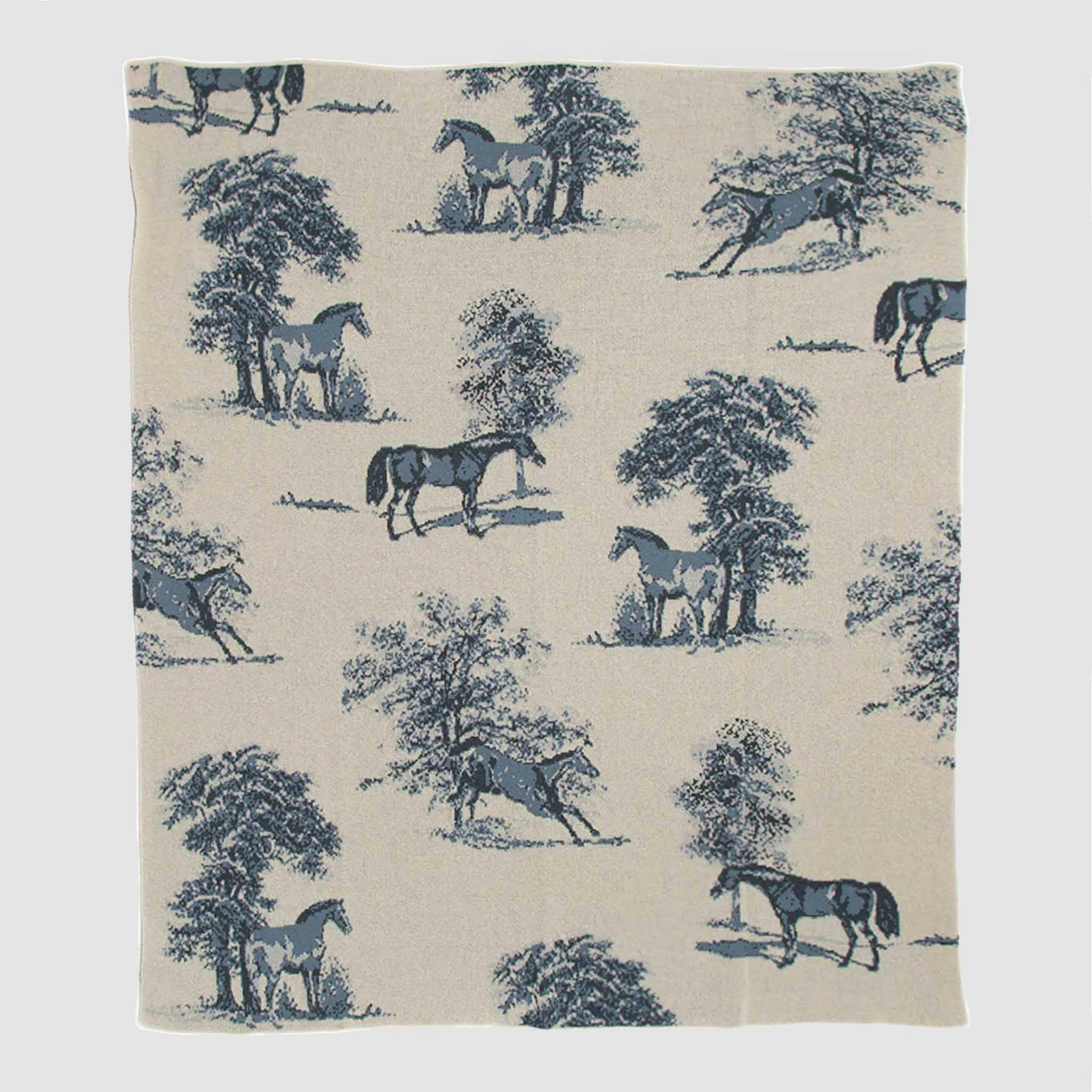 Cotton Sustainable Knit Throw Blanket - Equestrian Toile