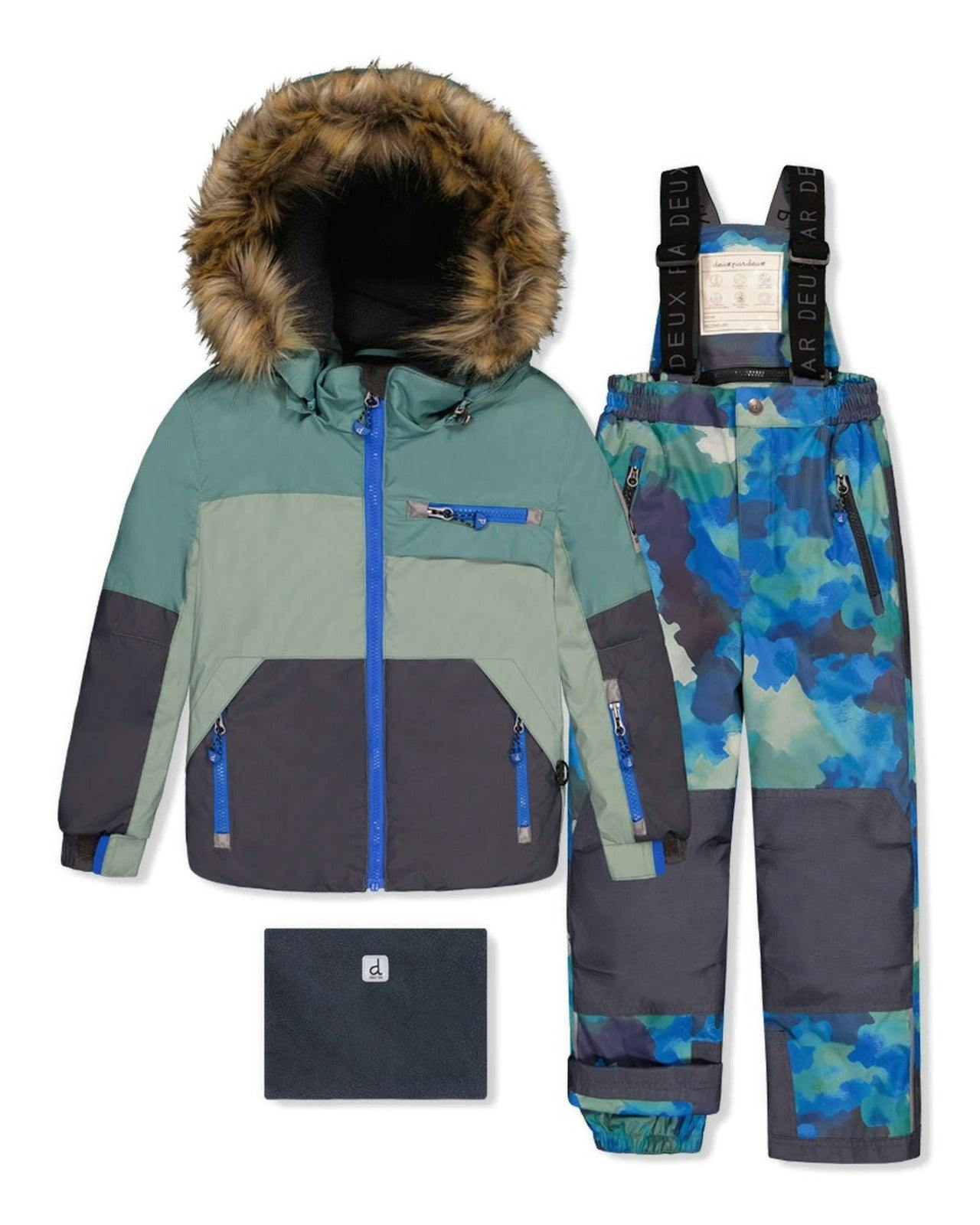 Two Piece Play Snowsuit Green And Navy Colorblock With Blue Camouflage Pants
