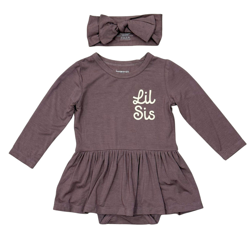 Baby Girl Long Sleeve Bodysuit Dress Set in Lil Sis in Plum