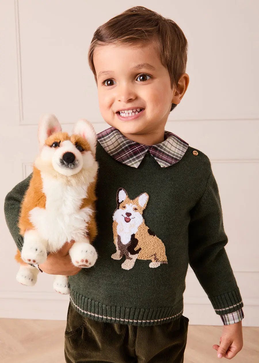Corgi Embroidered Button Detail Jumper in Green (18mths-10yrs)