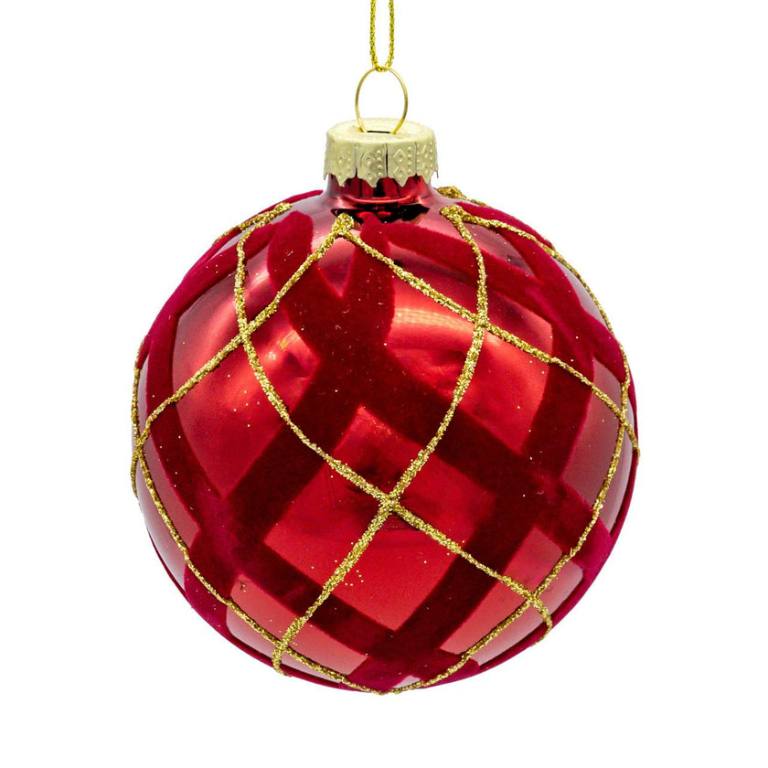 Kurt Adler 80MM Glass Flocked Red With Gold Glittered Design Ball Ornaments, 6-Piece Set
