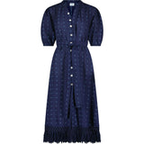 Estelle Women's Fringed Shirtdress Navy Turquoise Swiss Dot, Blue
