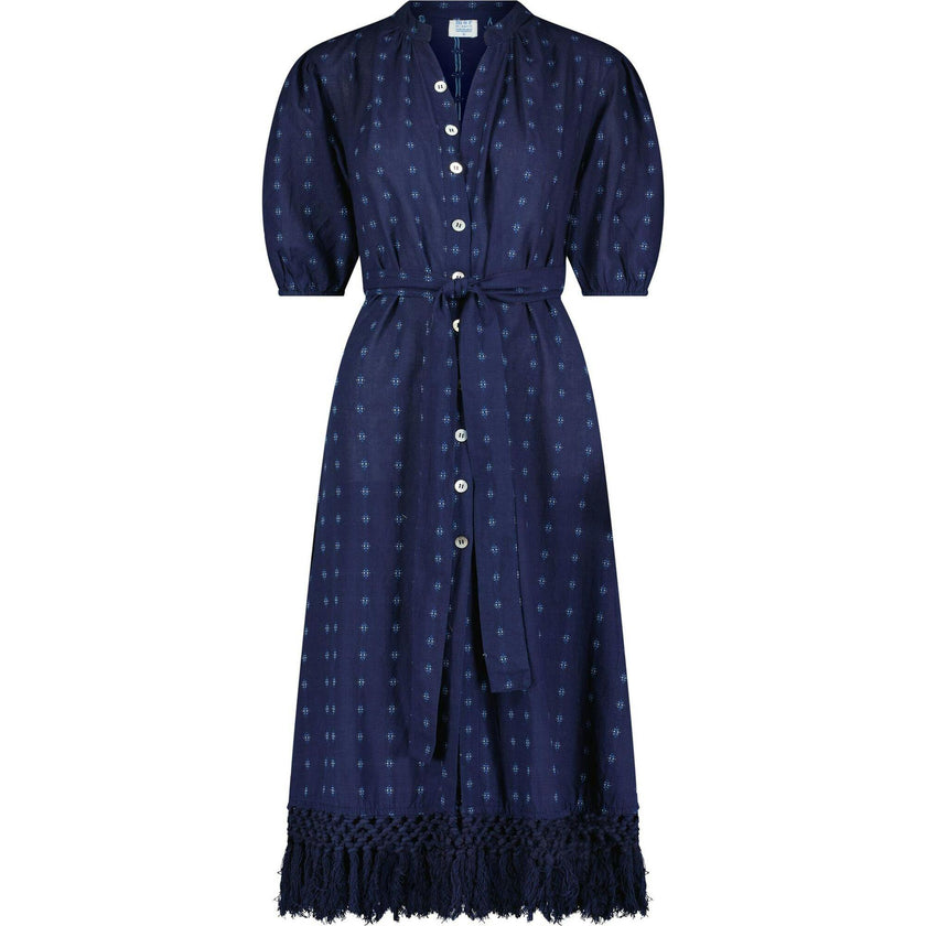 Estelle Women's Fringed Shirtdress Navy Turquoise Swiss Dot, Blue