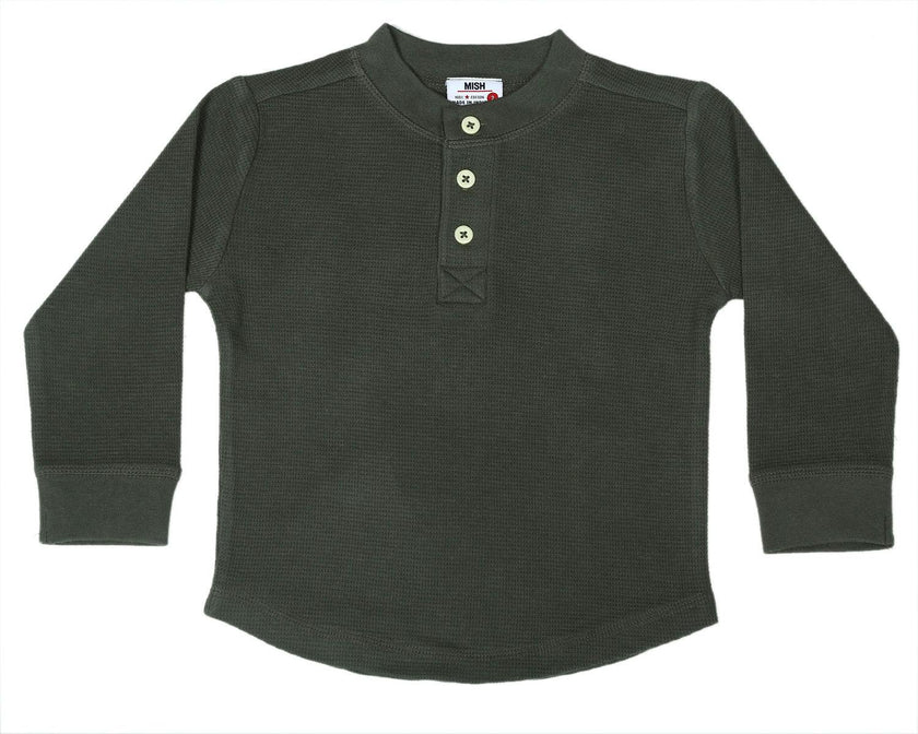 Kids Long Sleeve Thermal Henley Shirt - Olive