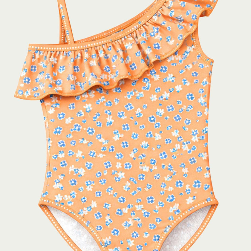 Orange Flowers Girls' Ruffle Swimsuit