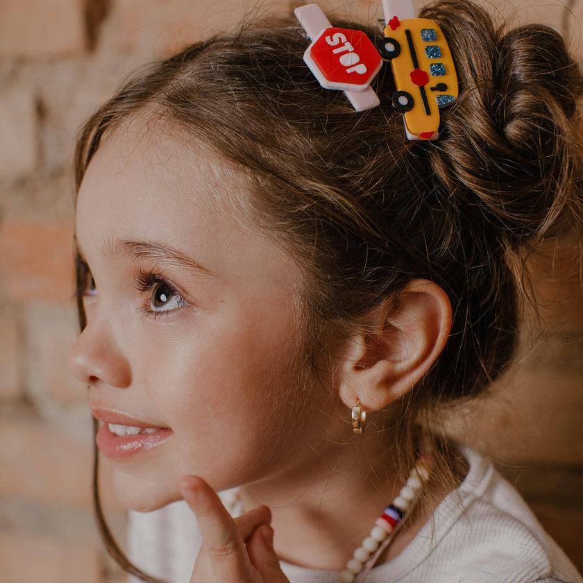 Bus Yellow & Red Stop Sign Hair Clips -BTS