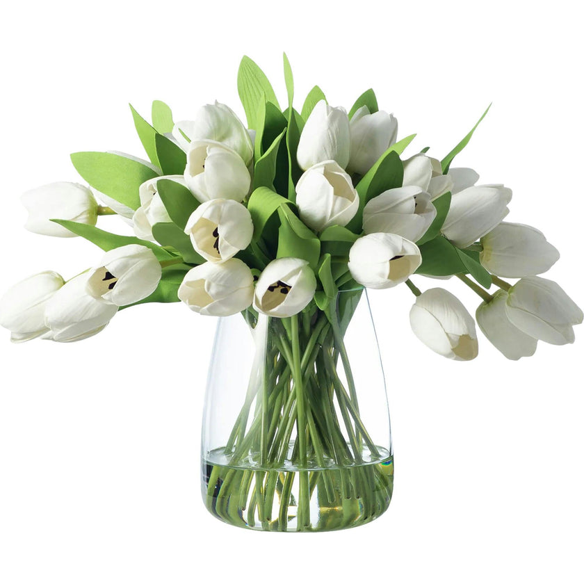 Real Touch White Tulip Faux Floral Everyday Spring Water Illusion Arrangement in Glass Teardrop Vase - Available in Multiple Colors