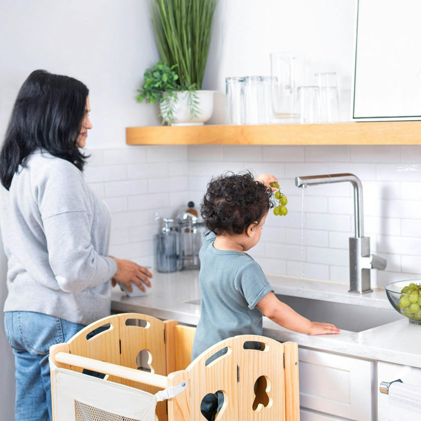Laurel 4-in-1 Foldable Kitchen Tower, Step Stool, Slide & Chalkboard for Toddlers