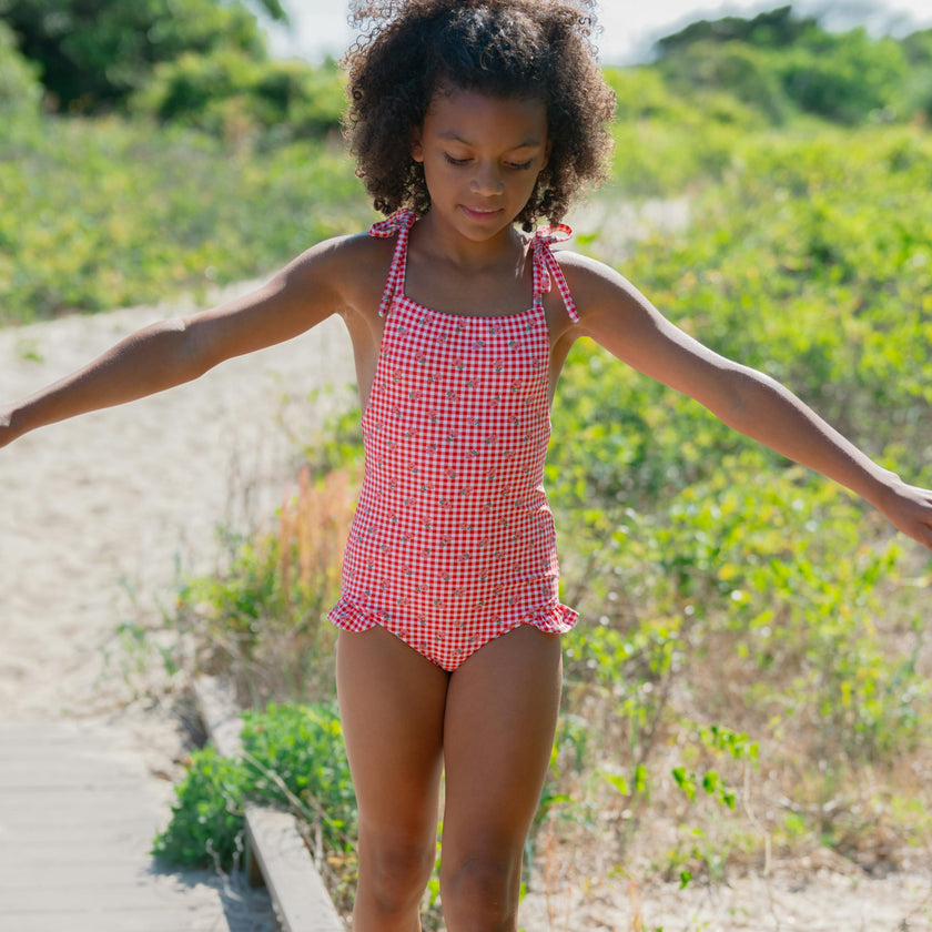 girls cranberry gingham halter one piece