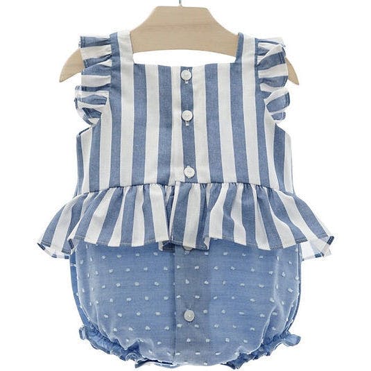 Blue Nautical Stripe Peplum Bubble Romper, Blue