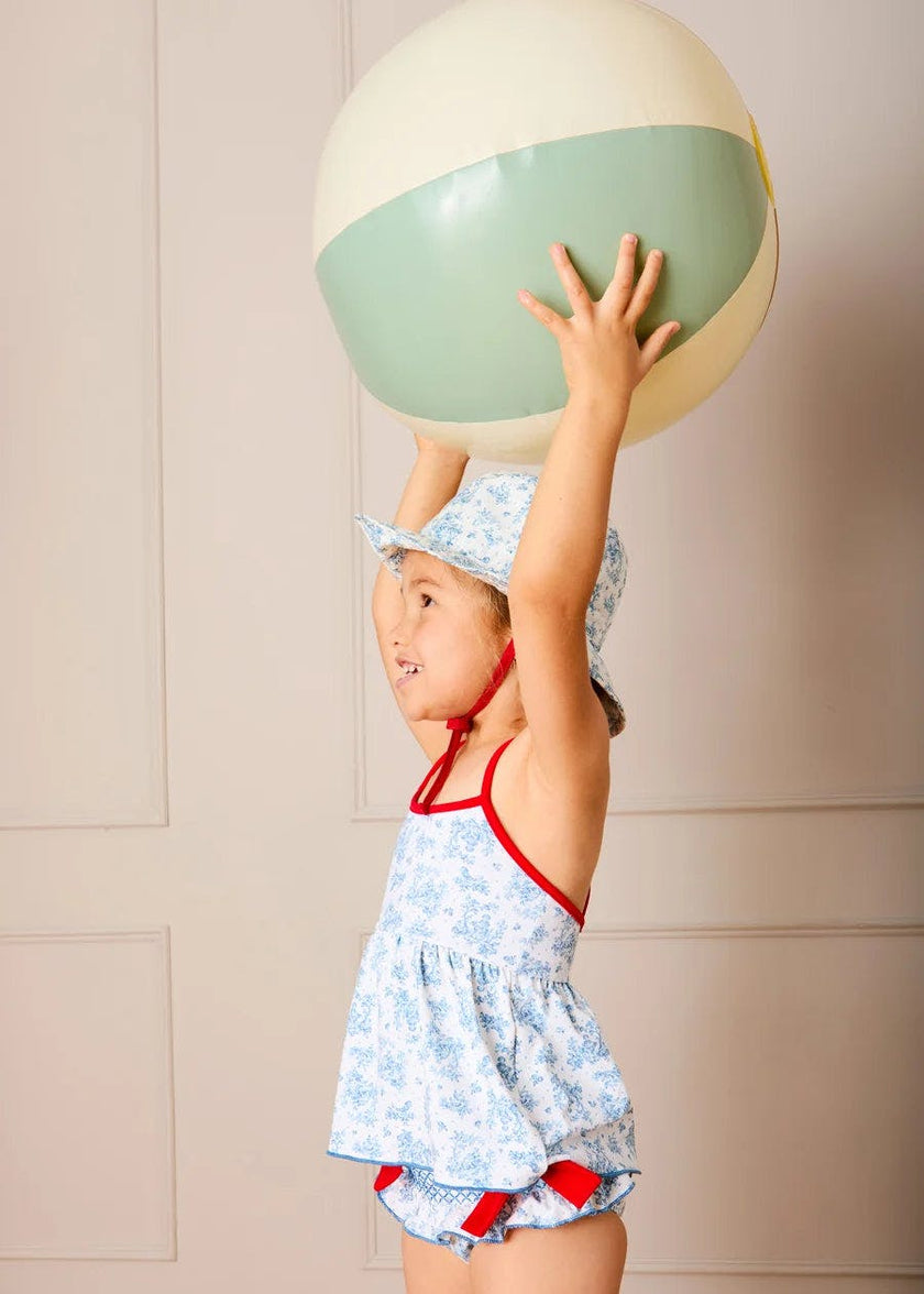 Audrey Toile Bow Detail Smocked Two Piece Swimsuit in Blue (12mths- 10yrs)