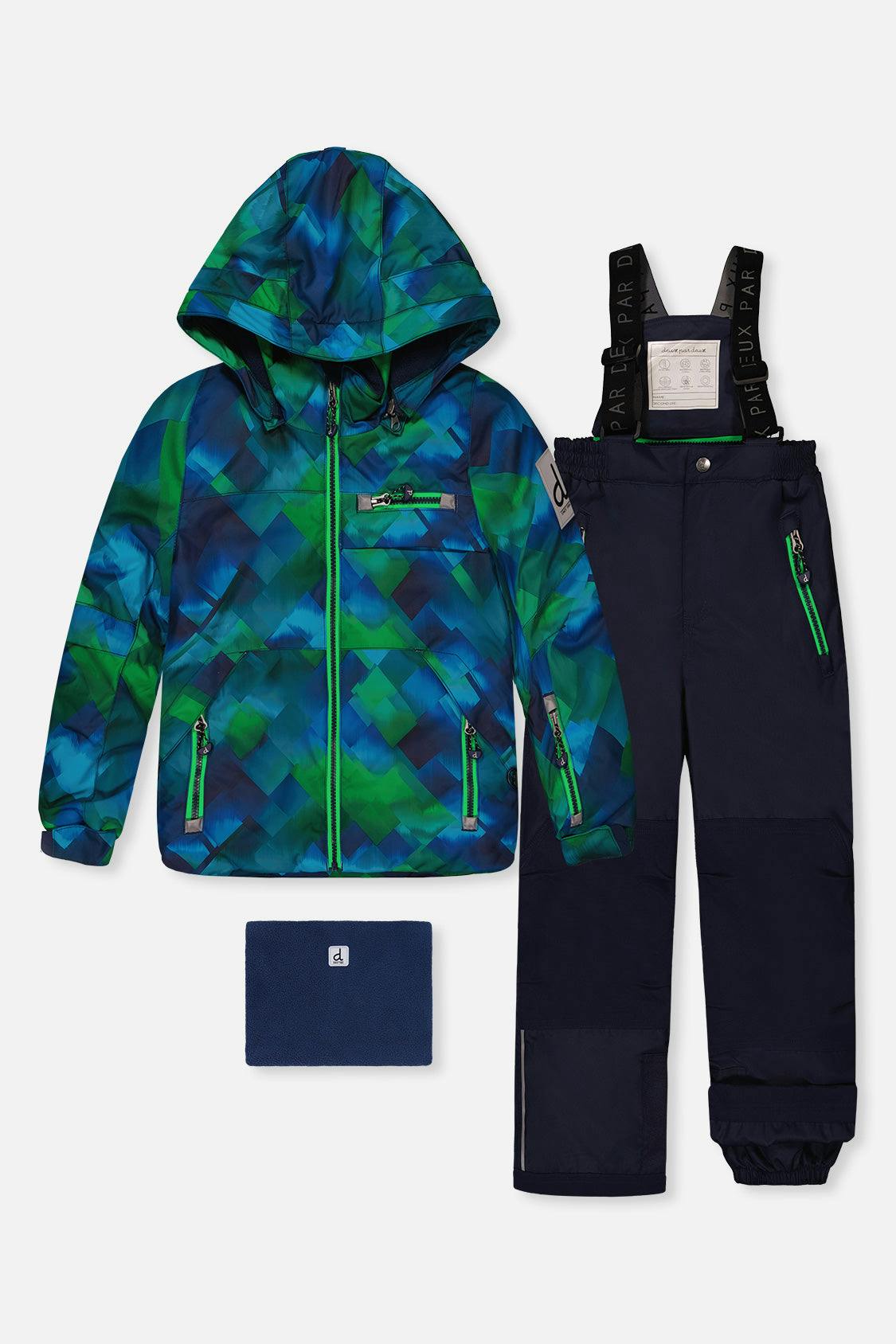 Two Piece Play Snowsuit Blue and Green Checkered Print with Navy Pants