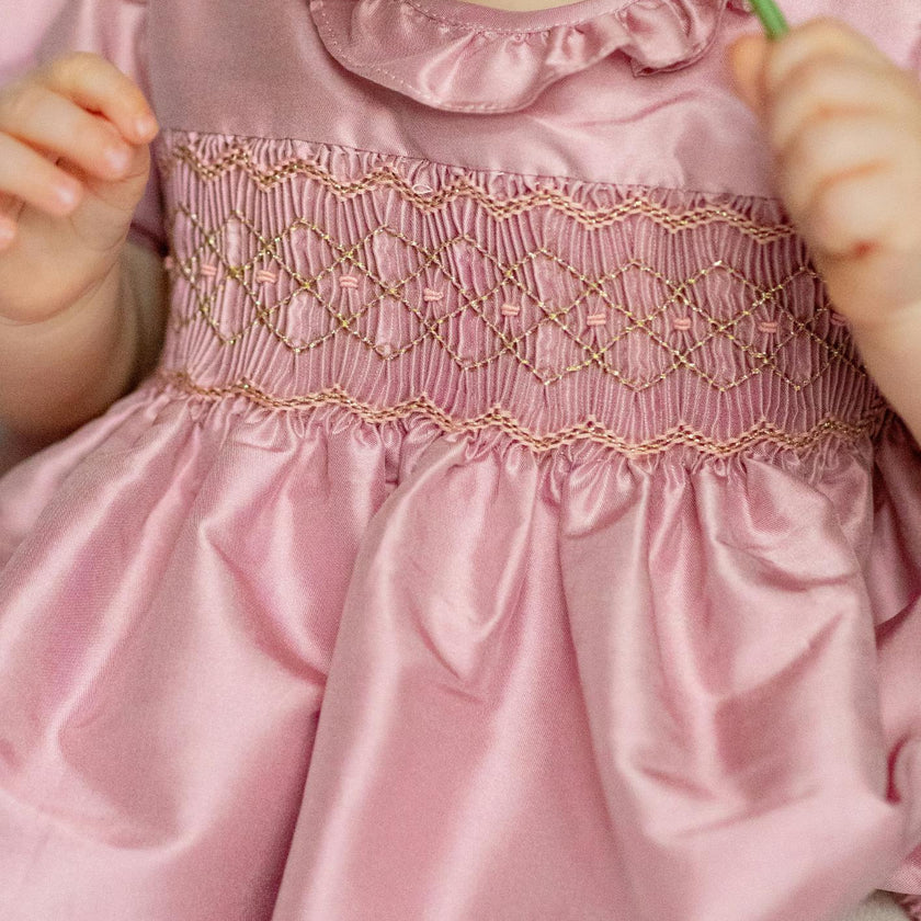 Astrid Pink Silk Smocked Baby Bubble
