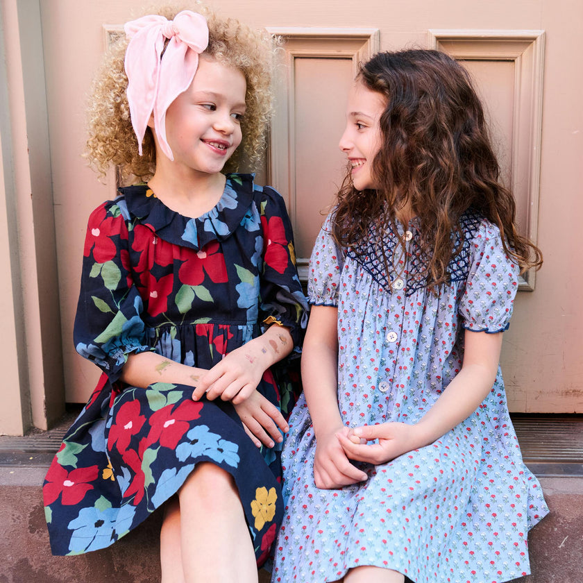 Girls Amara Dress - Navy Hibiscus Floral