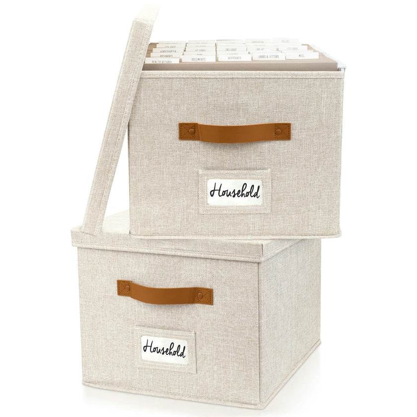 ZICOTO Decorative Ivory File Box Organizer Set of 2 - Collapsible Linen File Cabinet for Easy Folder Storage - Store All Your Documents and Folders in Style