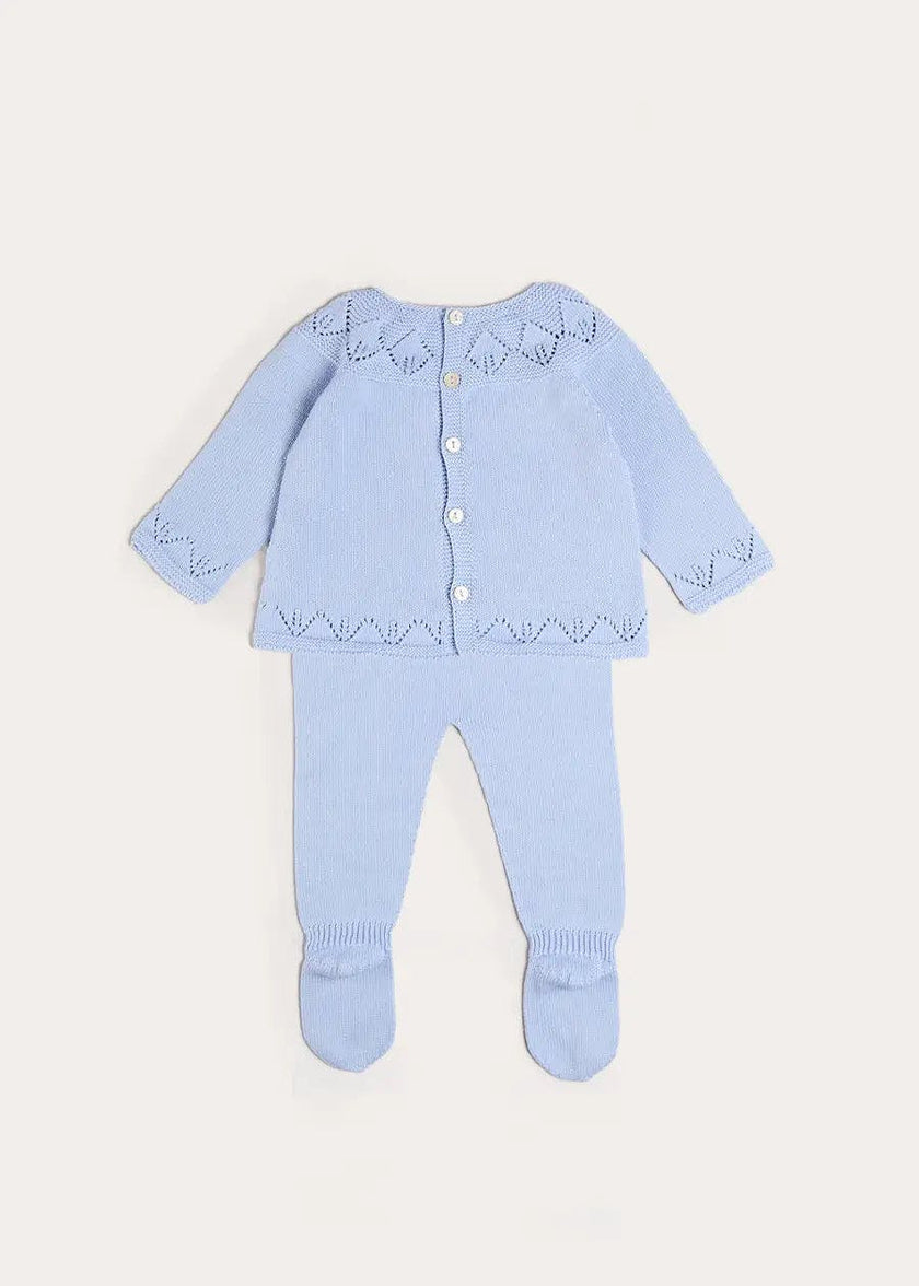Diamond Openwork Three Piece Knitted Set in Light Blue (1-9mths)