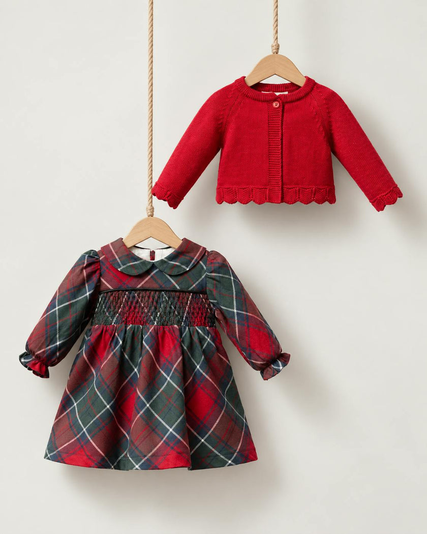 Baby Girl Christmas Plaid Dress & Red Knit Cardigan Set