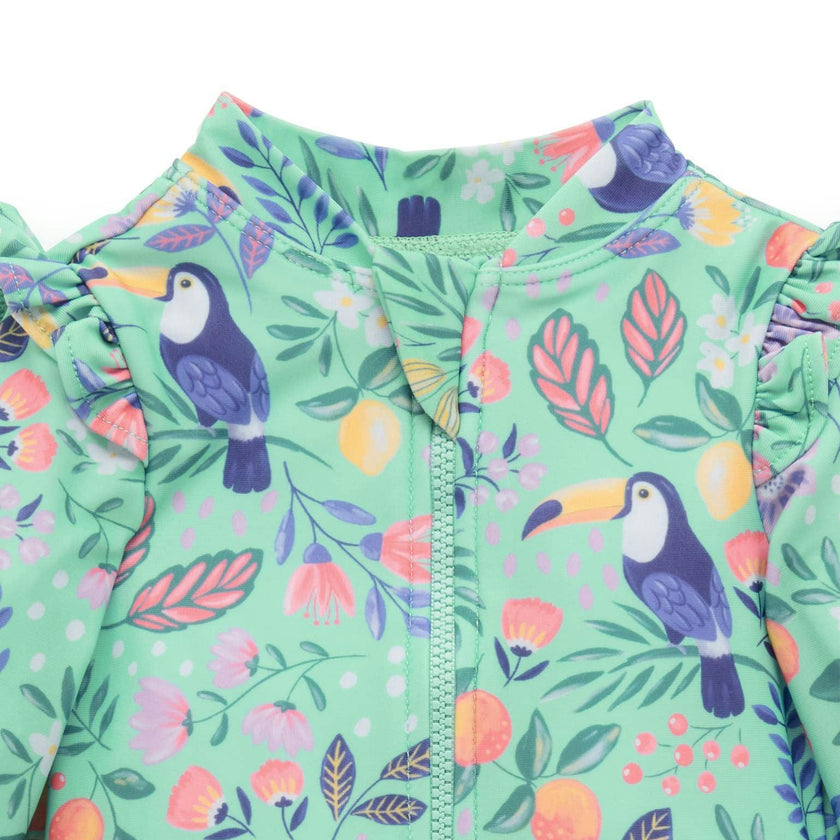 Frilly L/S Swimsuit and Hat Toucan Print