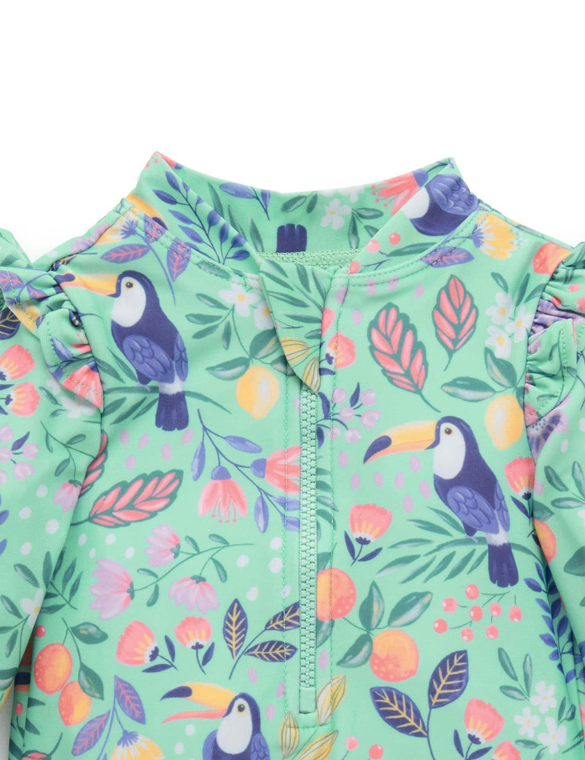Frilly L/S Swimsuit and Hat Toucan Print