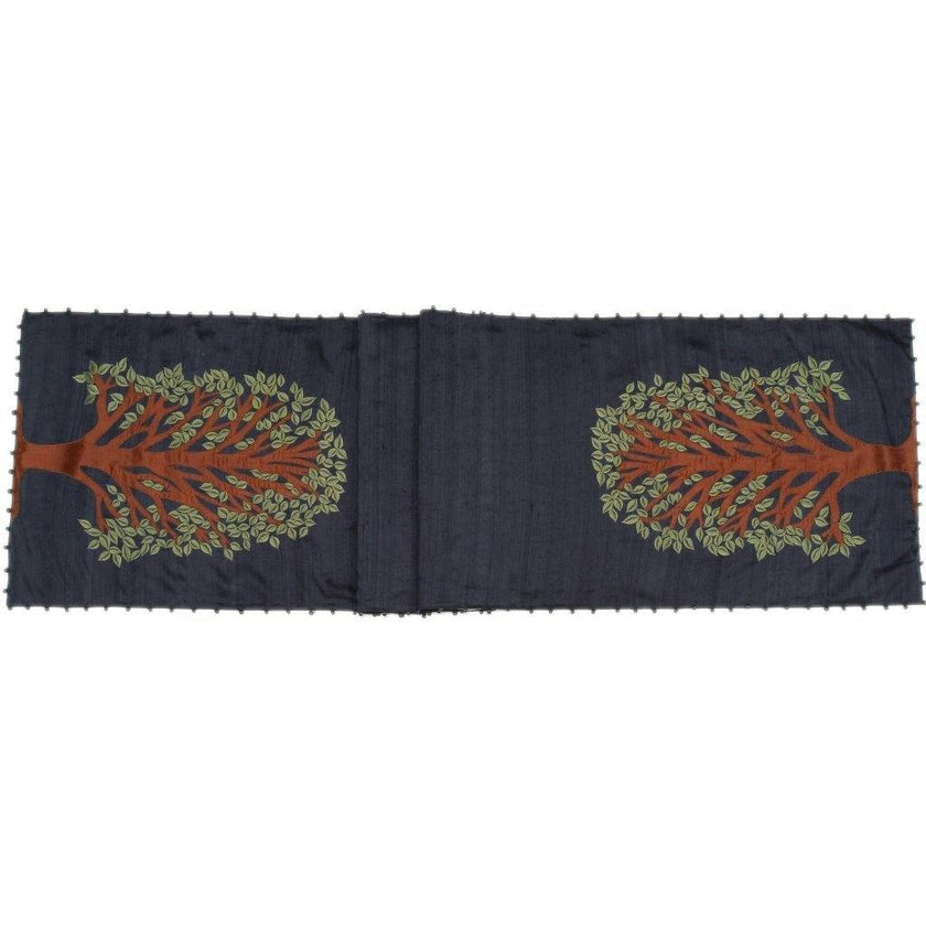 Handmade Navy Silk Table Runner Tree of Life Embroidery and Hand Beading - 18"x72"