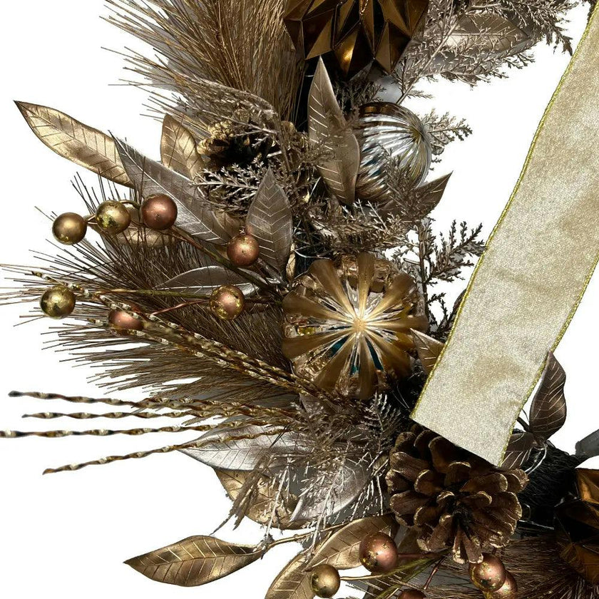 26" Gold Bow, Pinecone & Ornament Wreath Pre-Lit