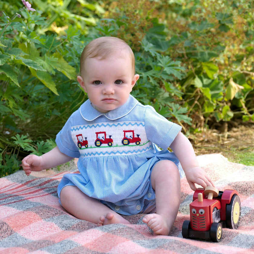 Stripe Tractor Smocked Babysuit