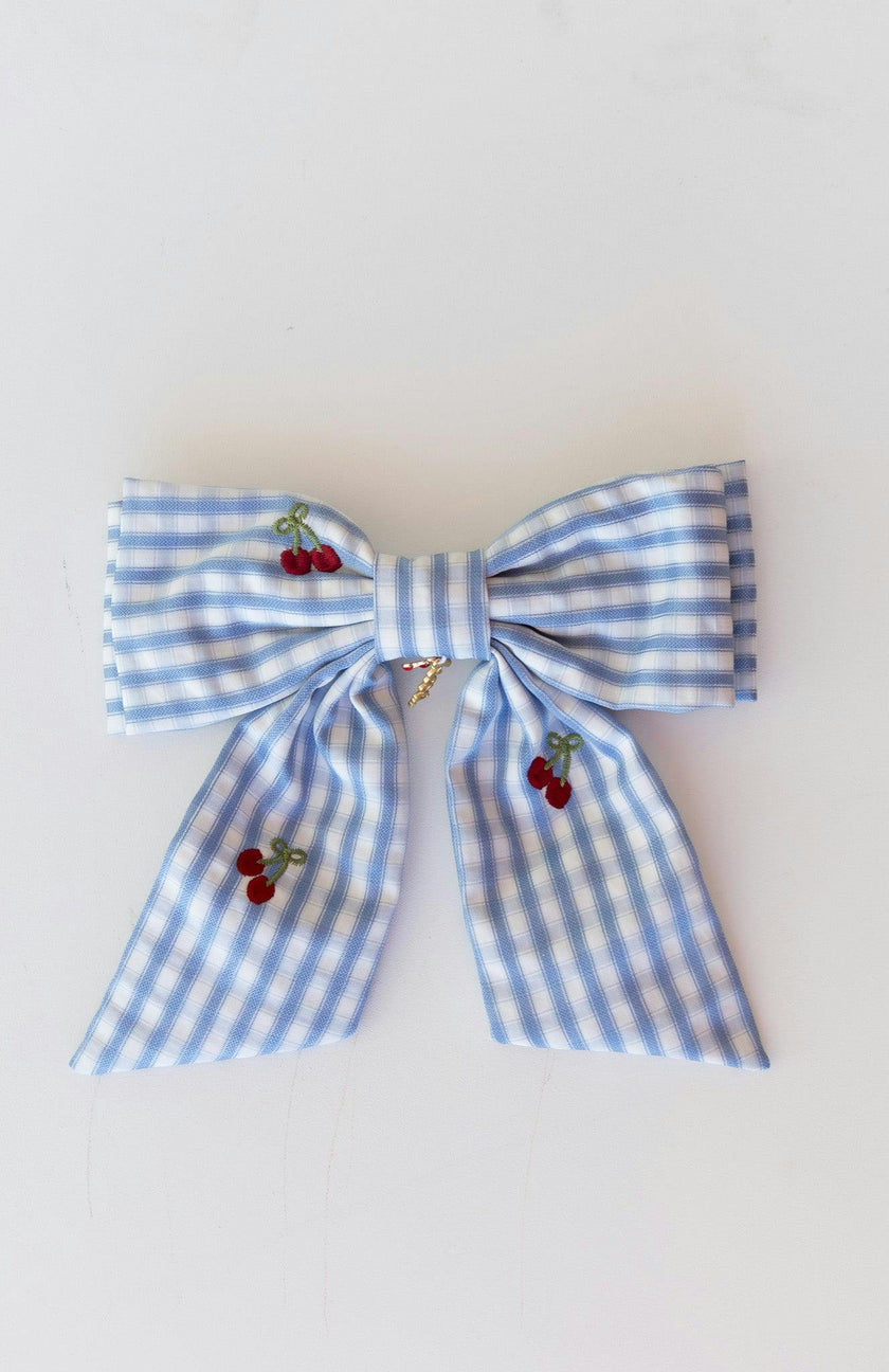 CHERRY BLUE GINGHAM MIDI BOW