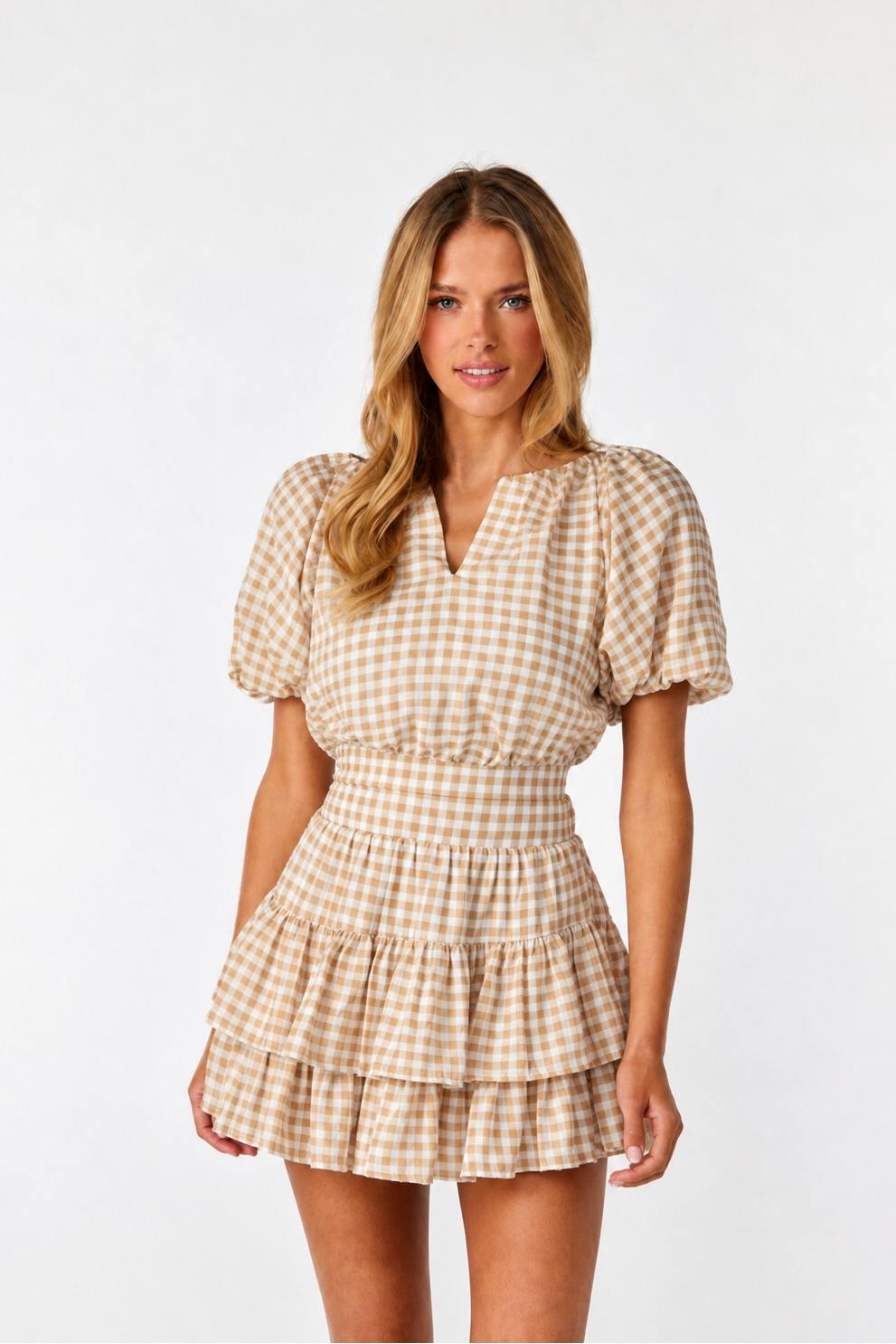 Ella Raglan Top Tan Gingham