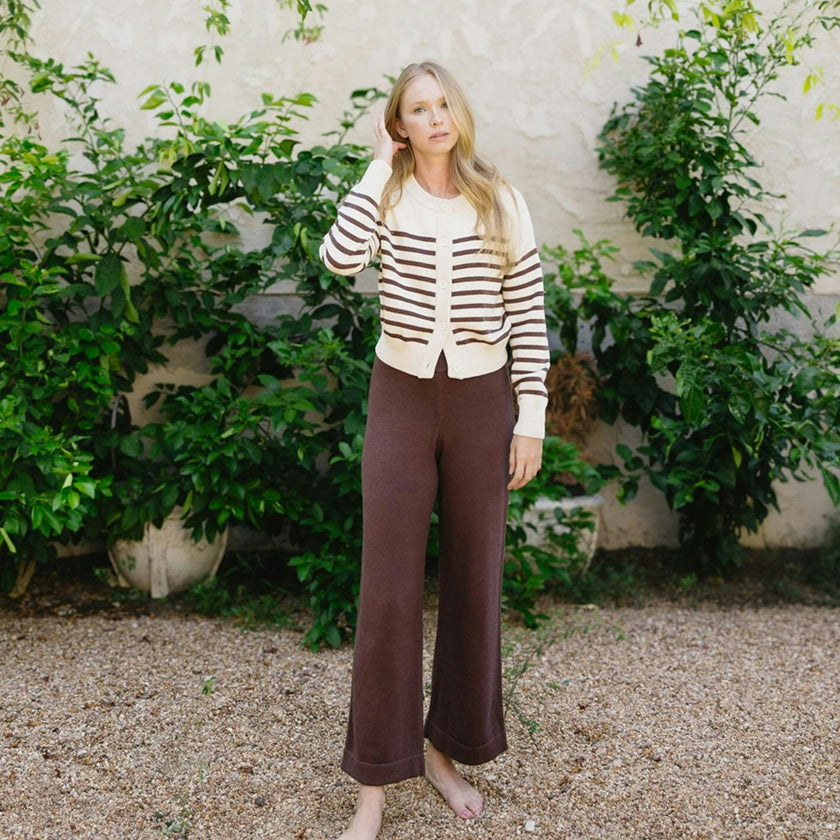 women's cream and brown stripe cropped knit cardigan